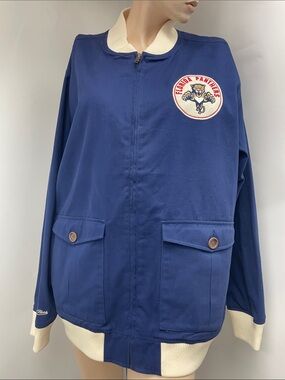 Mitchell & Ness Men's Navy Bomber Jacket with Cream Trim and Panthers Patch, XL